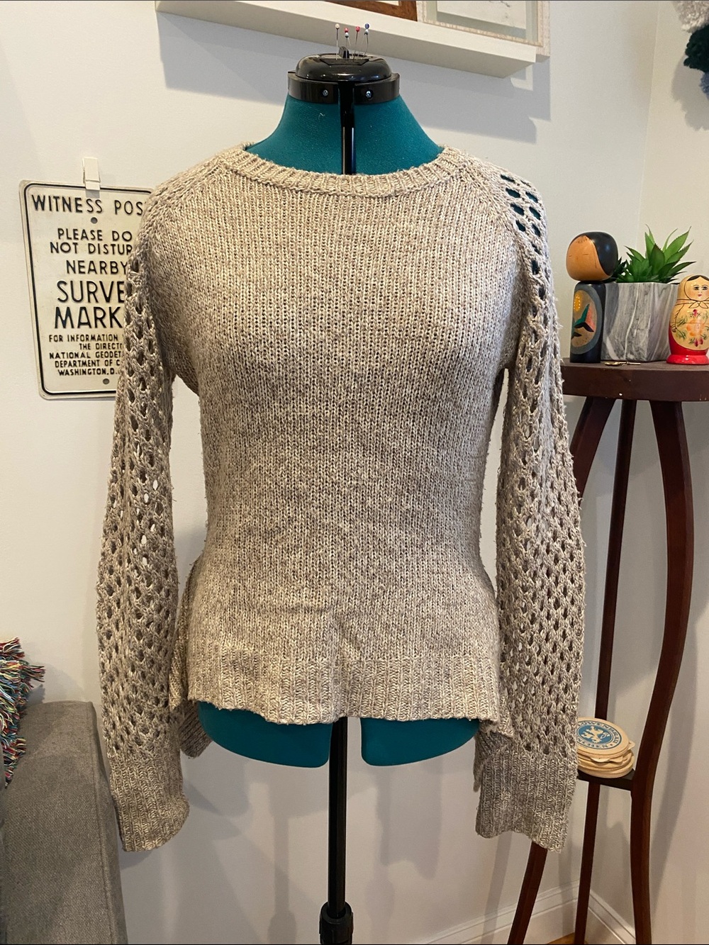 Walter Baker Open-Stitch Sleeve Crewneck Sweater - beige